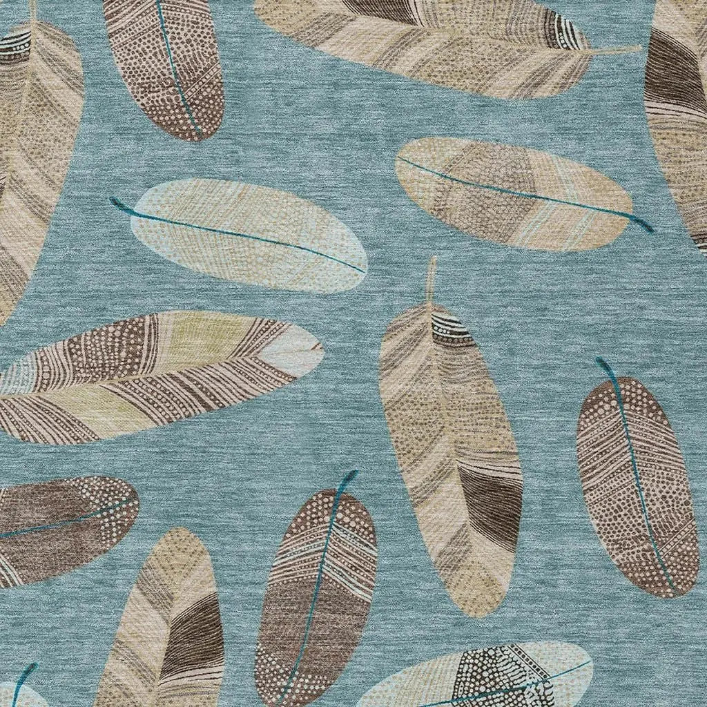 9' X 12' Teal Blue And Ivory Botanical Leaves Washable Indoor Outdoor Area Rug Homeroots Outdoor