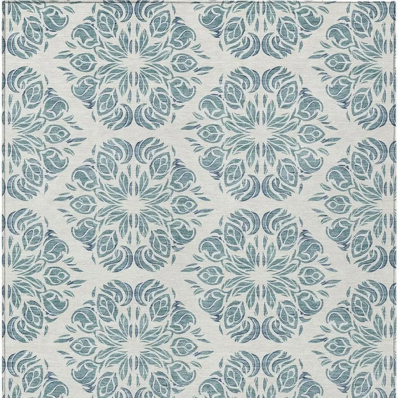 9' X 12' Teal Blue And Ivory Damask Washable Indoor Outdoor Area Rug Homeroots Outdoor