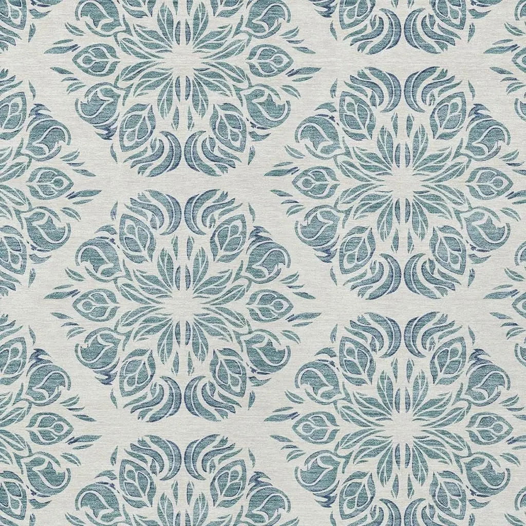 9' X 12' Teal Blue And Ivory Damask Washable Indoor Outdoor Area Rug Homeroots Outdoor