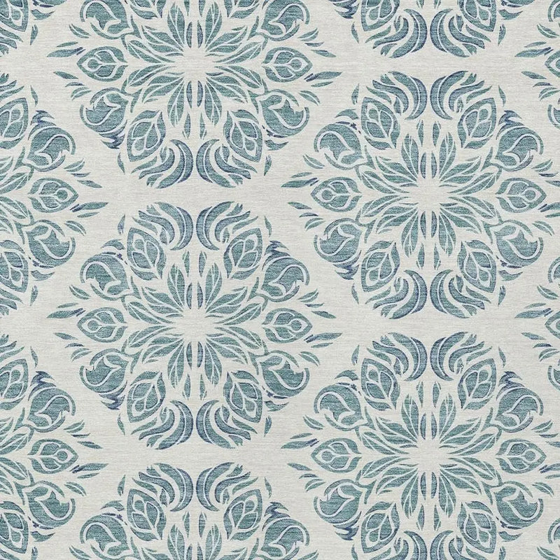 9' X 12' Teal Blue And Ivory Damask Washable Indoor Outdoor Area Rug Homeroots Outdoor