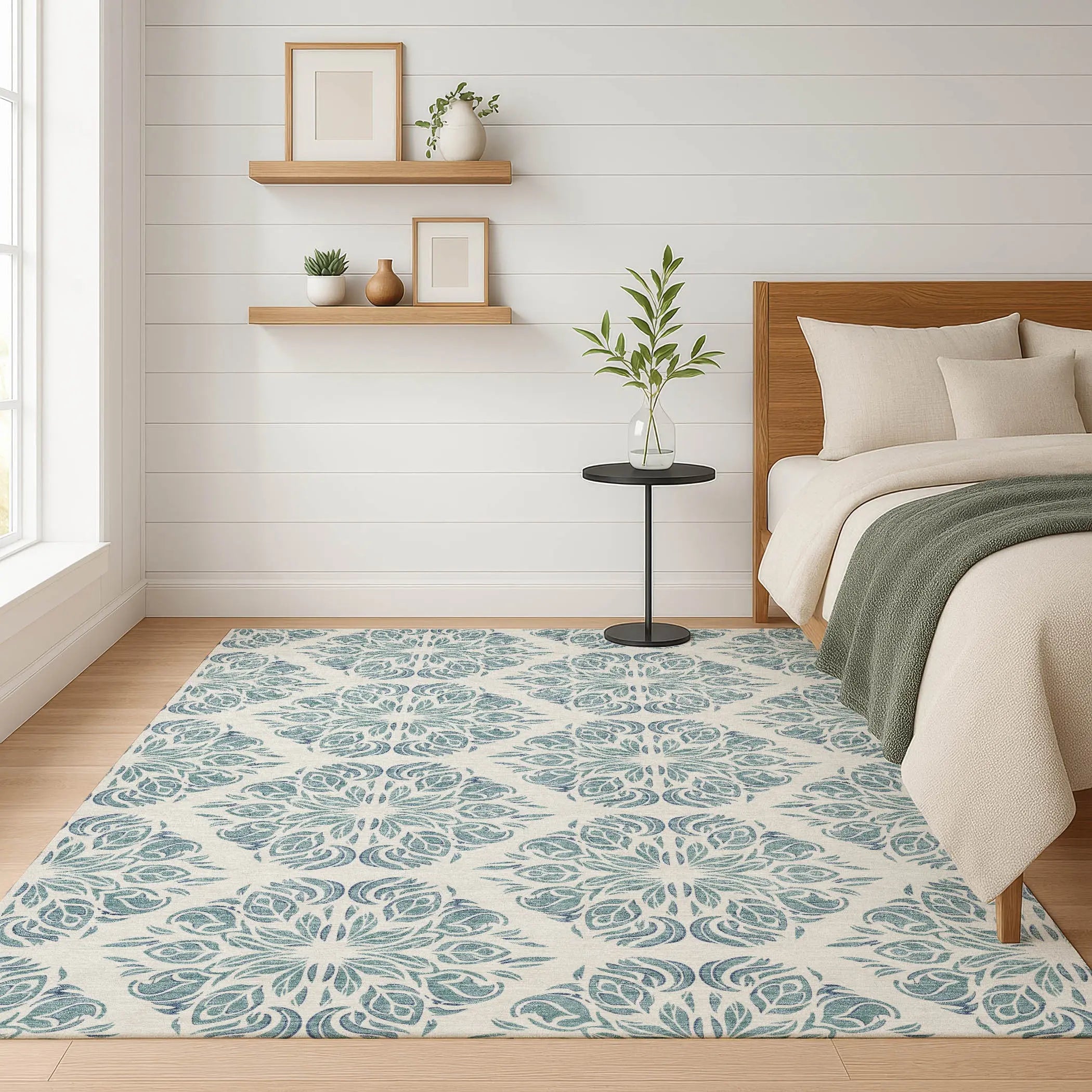 9' X 12' Teal Blue And Ivory Damask Washable Indoor Outdoor Area Rug Homeroots Outdoor