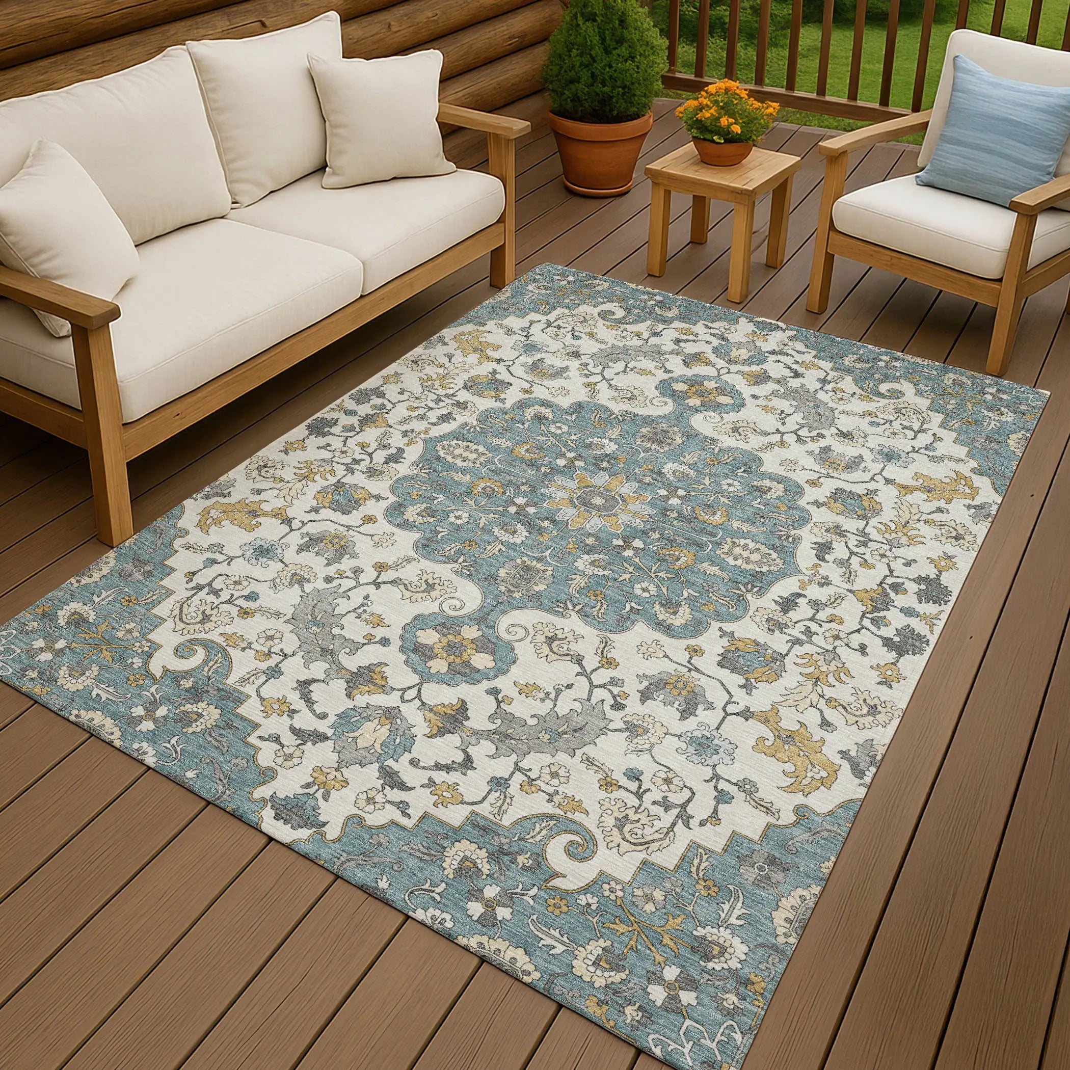 9' X 12' Teal Blue And Ivory Floral Medallion Washable Indoor Outdoor Area Rug Homeroots Outdoor