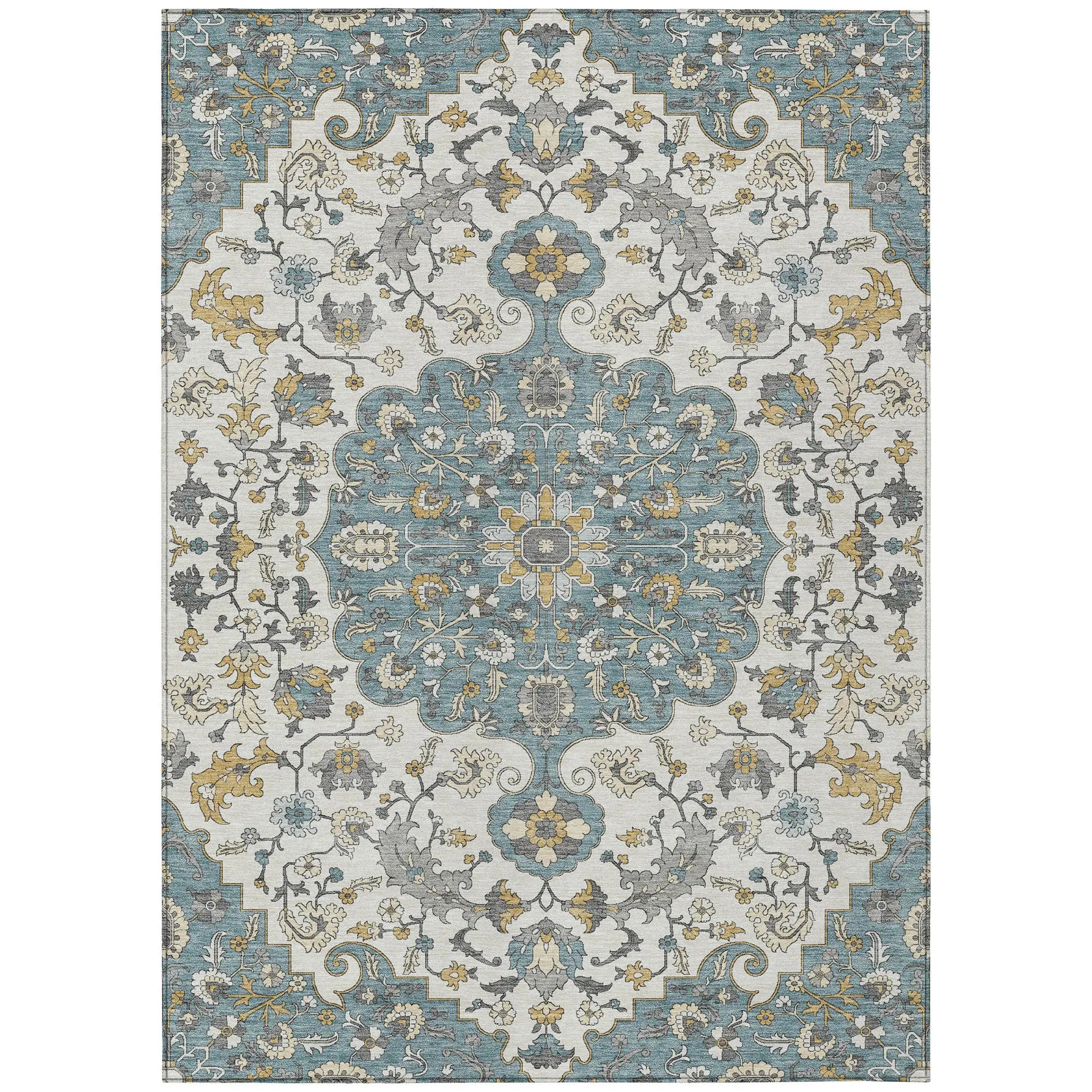 9' X 12' Teal Blue And Ivory Floral Medallion Washable Indoor Outdoor Area Rug Homeroots Outdoor