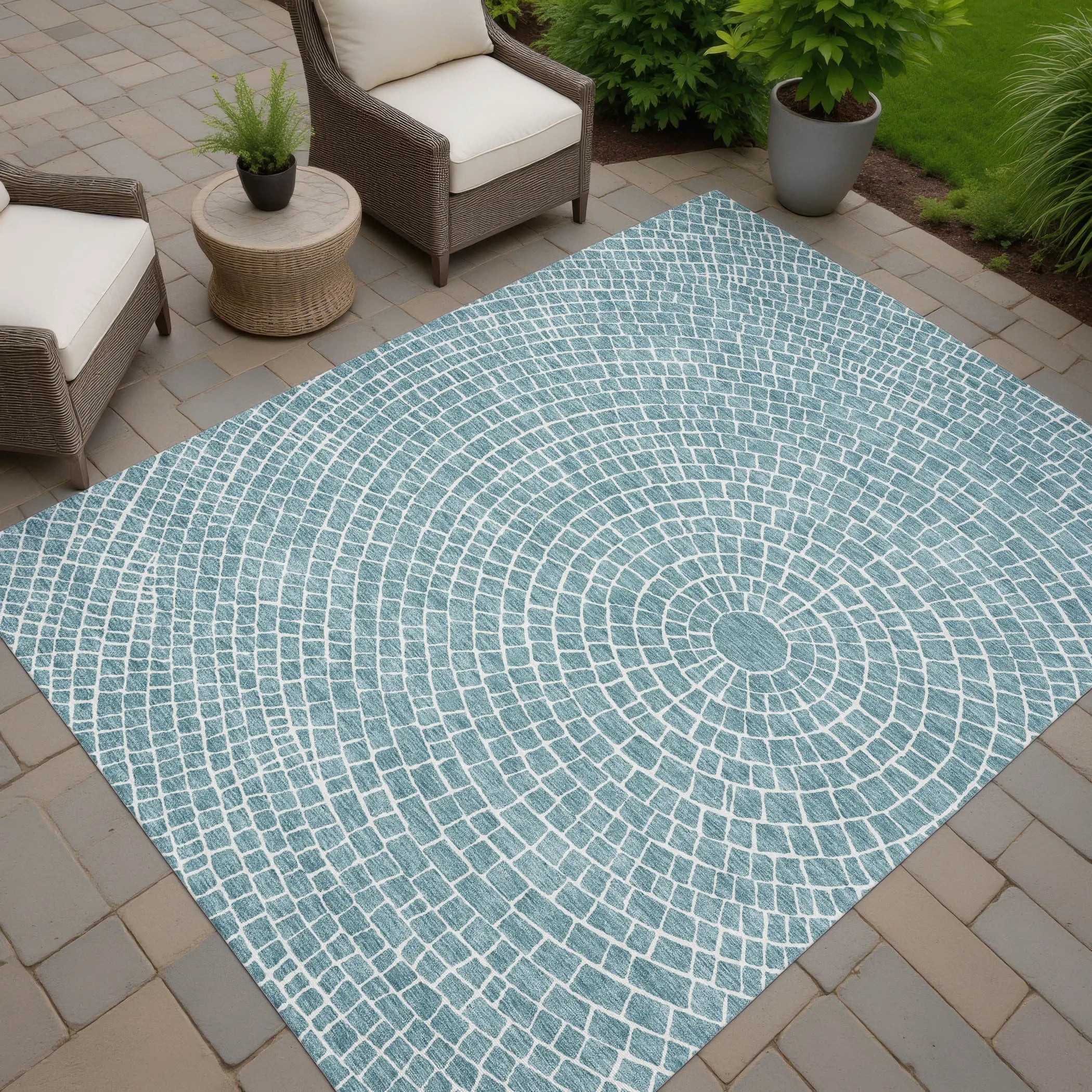 9' X 12' Teal Blue And Ivory Geometric Washable Indoor Outdoor Area Rug Homeroots Outdoor