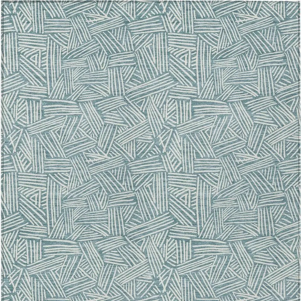 9' X 12' Teal Blue And Ivory Geometric Washable Indoor Outdoor Area Rug Homeroots Outdoor