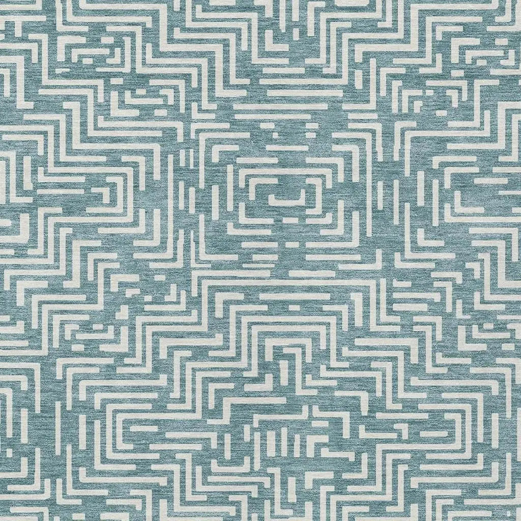 9' X 12' Teal Blue And Ivory Geometric Washable Indoor Outdoor Area Rug Homeroots Outdoor