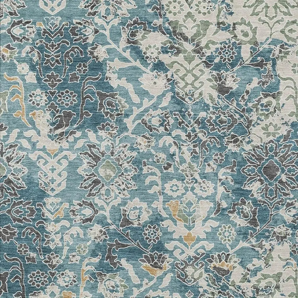 9' X 12' Teal Blue And Ivory Geometric Washable Indoor Outdoor Area Rug Homeroots Outdoor