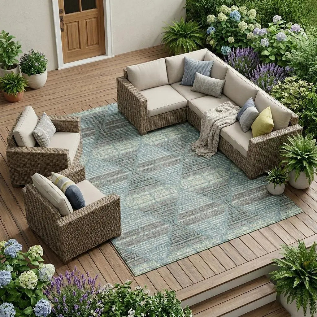 9' X 12' Teal Blue And Ivory Geometric Washable Indoor Outdoor Area Rug Homeroots Outdoor