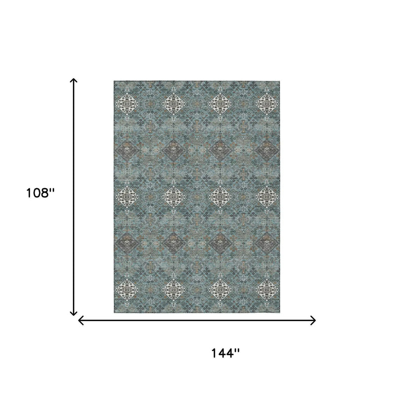 9' X 12' Teal Blue And Ivory Geometric Washable Indoor Outdoor Area Rug Homeroots Outdoor