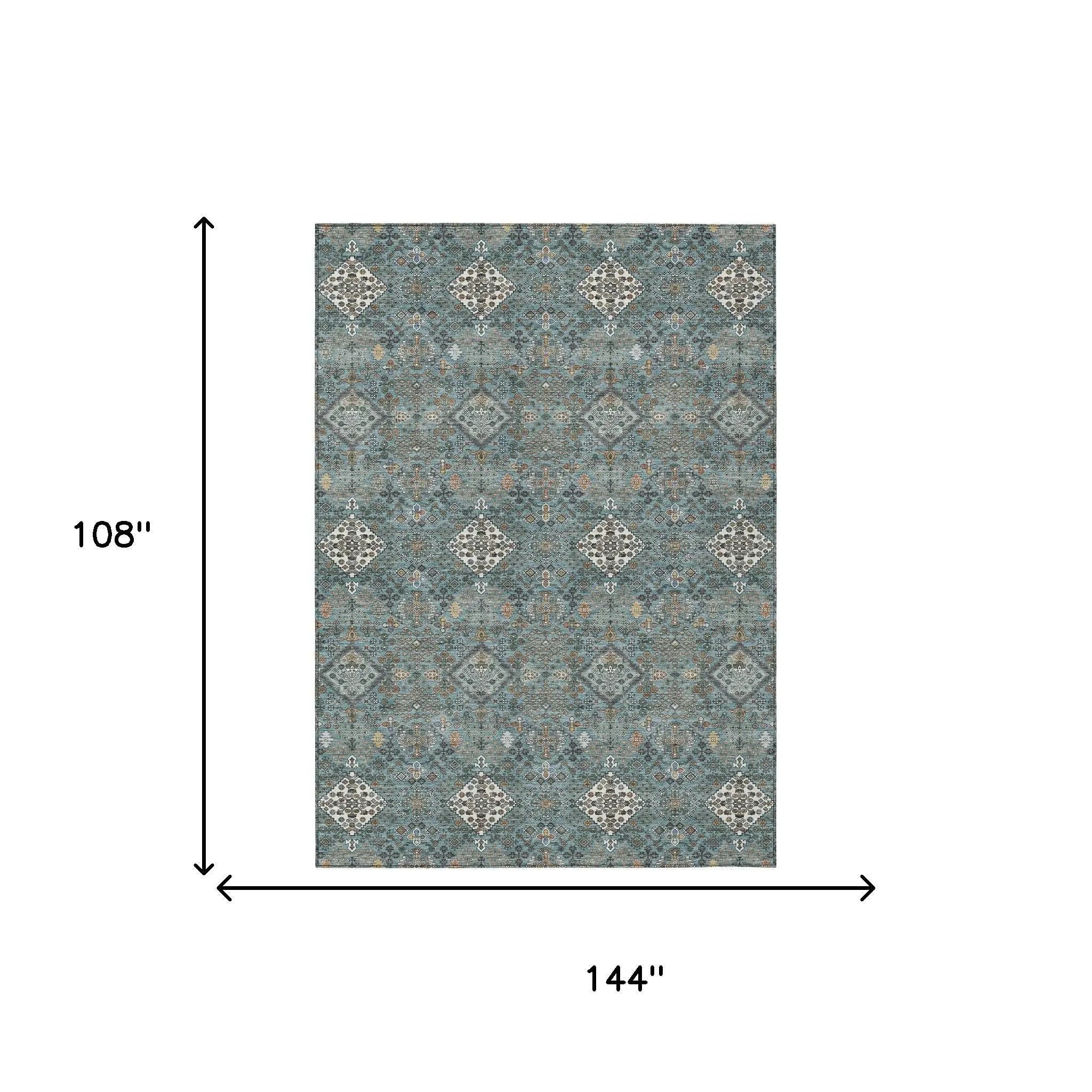 9' X 12' Teal Blue And Ivory Geometric Washable Indoor Outdoor Area Rug Homeroots Outdoor