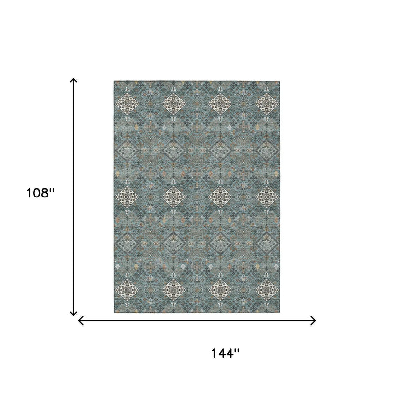 9' X 12' Teal Blue And Ivory Geometric Washable Indoor Outdoor Area Rug Homeroots Outdoor