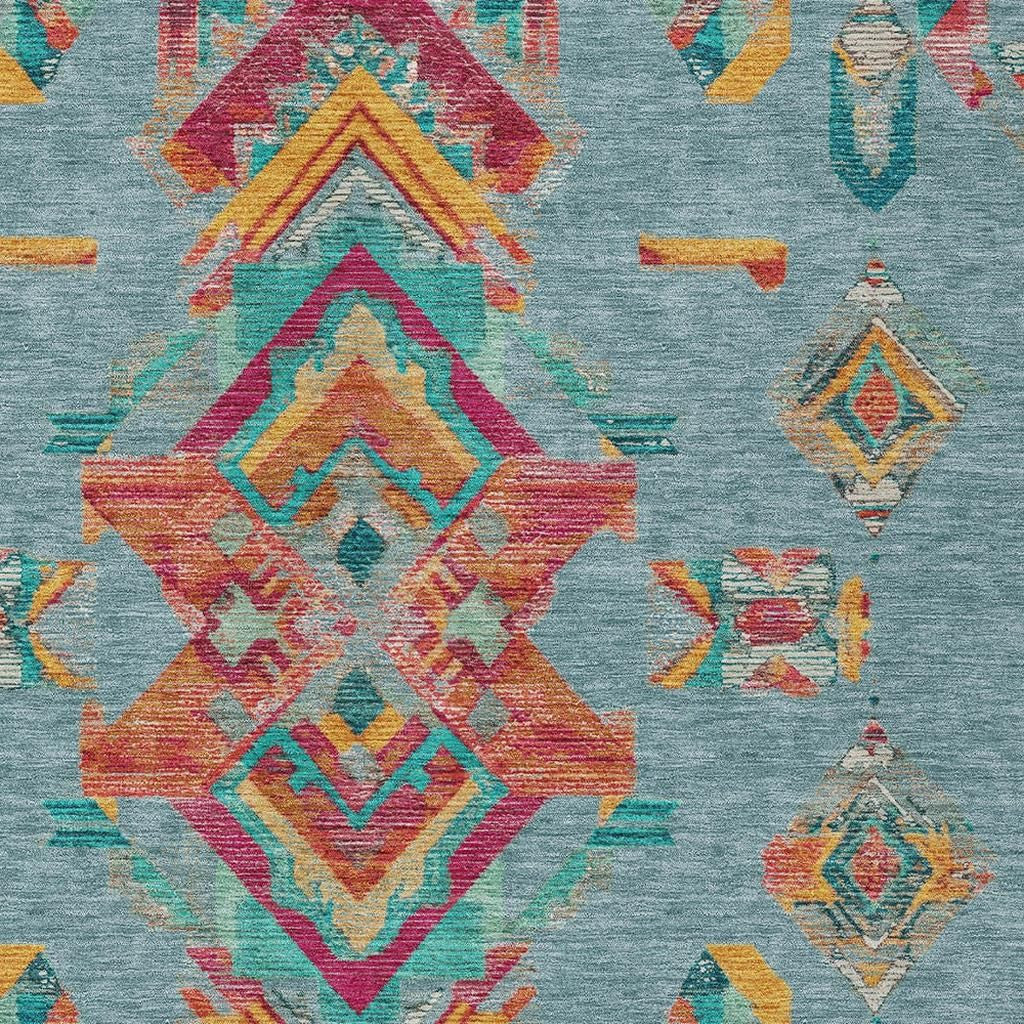 9' X 12' Teal Blue And Ivory Tribal Washable Indoor Outdoor Area Rug Homeroots Outdoor