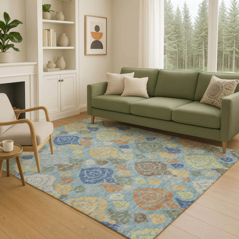 9' X 12' Teal Blue And Navy Blue Damask Washable Indoor Outdoor Area Rug Homeroots Outdoor