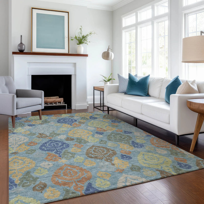 9' X 12' Teal Blue And Navy Blue Damask Washable Indoor Outdoor Area Rug Homeroots Outdoor