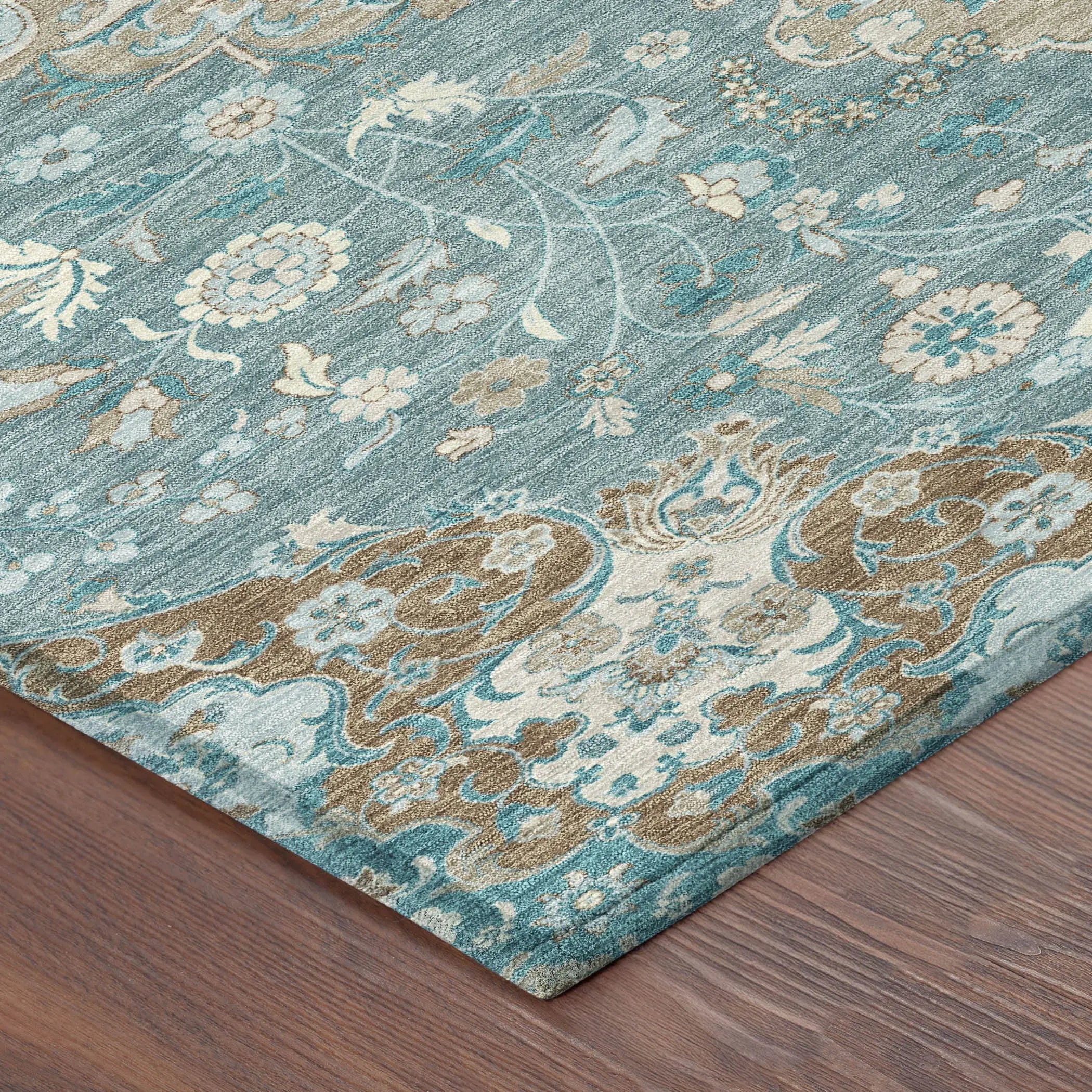 9' X 12' Teal Blue And Pewter Damask Washable Indoor Outdoor Area Rug Homeroots Outdoor
