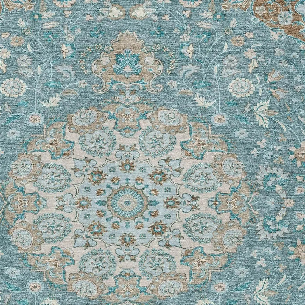 9' X 12' Teal Blue And Pewter Damask Washable Indoor Outdoor Area Rug Homeroots Outdoor