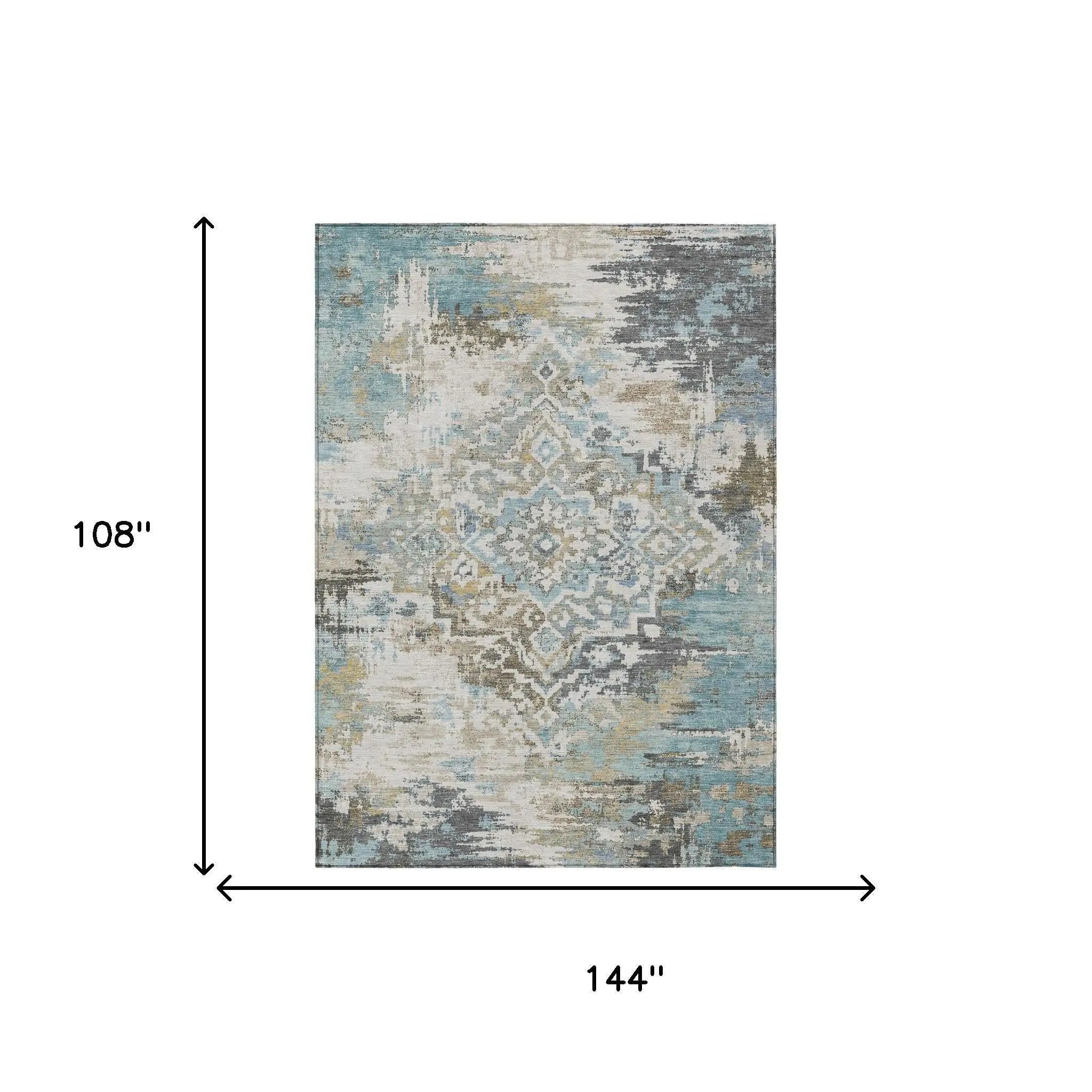 9' X 12' Teal Blue And Pewter Medallion Washable Indoor Outdoor Area Rug Homeroots Outdoor