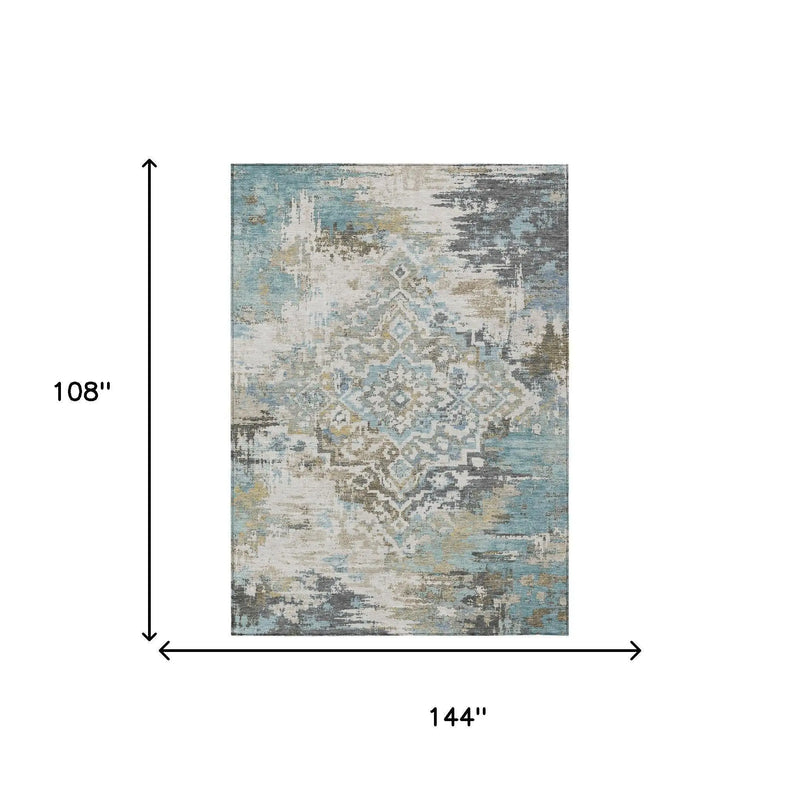 9' X 12' Teal Blue And Pewter Medallion Washable Indoor Outdoor Area Rug Homeroots Outdoor