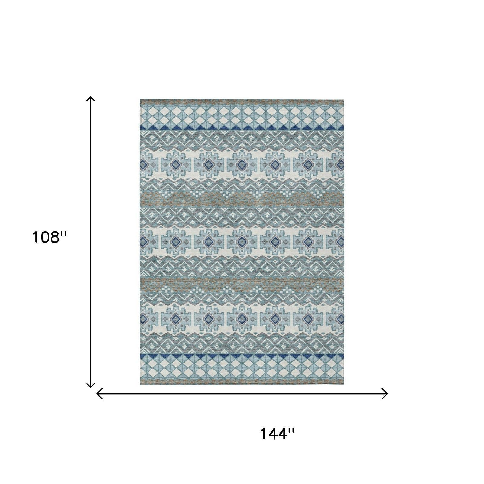 Blue and beige geometric patterned area rug, 144" x 108", woven fabric, bohemian style.