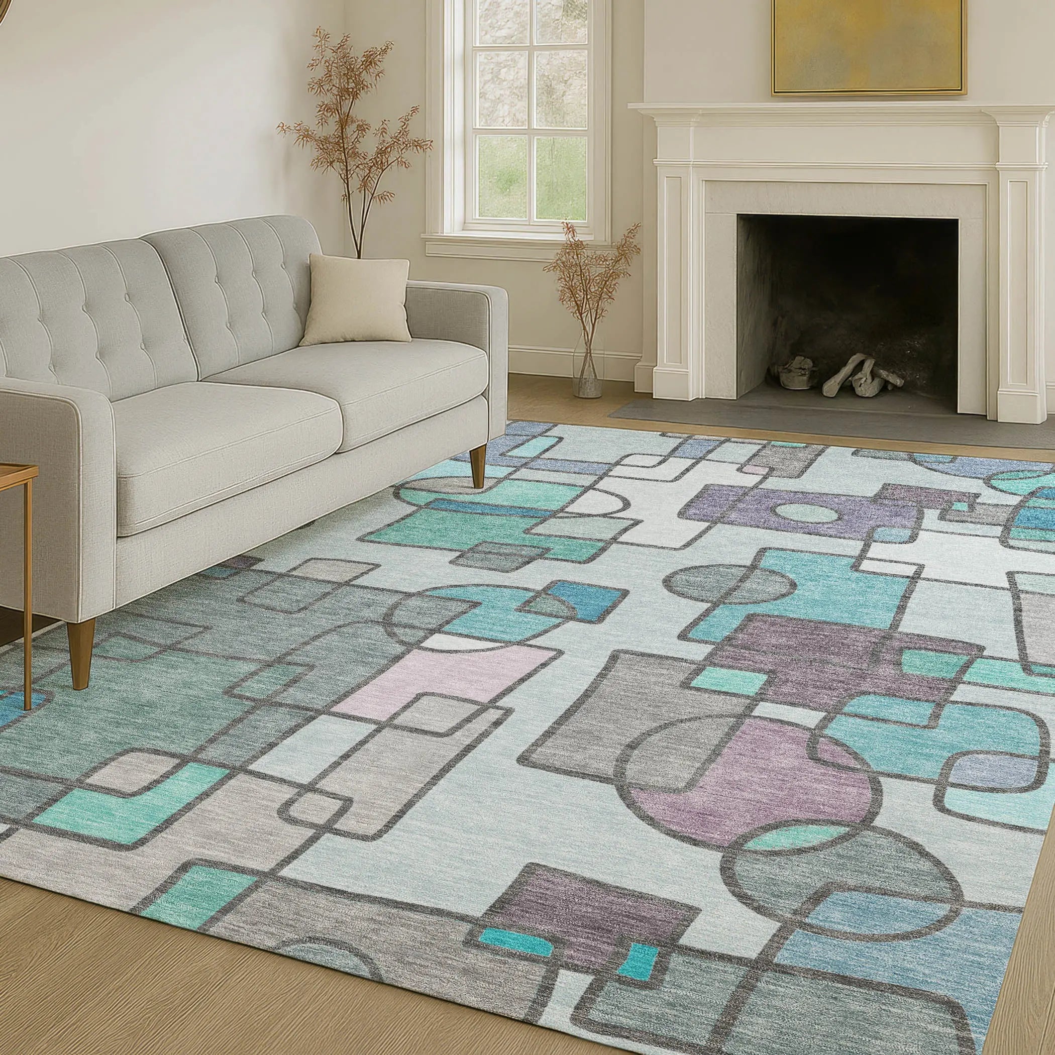 9' X 12' Teal Blue And Plum Geometric Washable Indoor Outdoor Area Rug Homeroots Outdoor