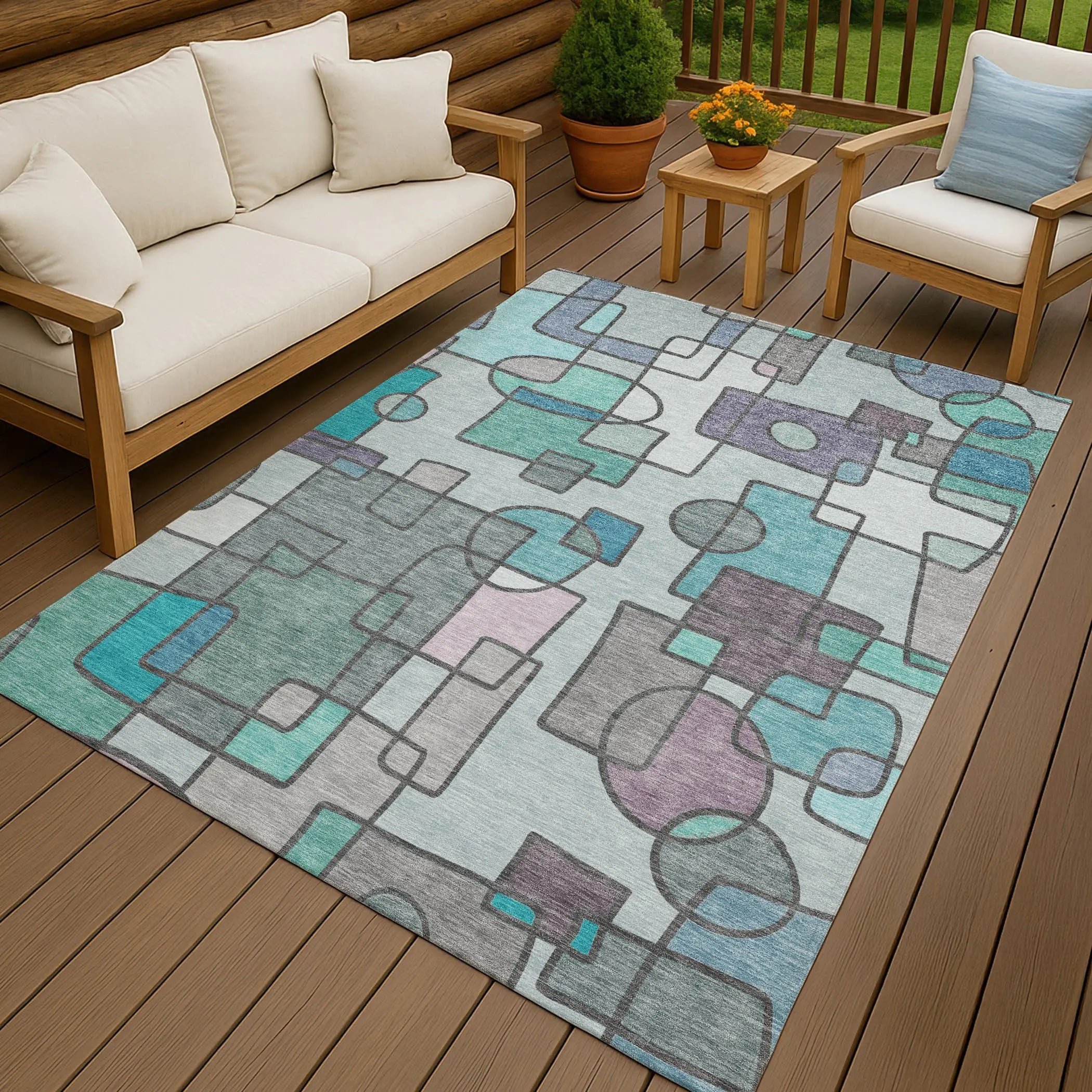 9' X 12' Teal Blue And Plum Geometric Washable Indoor Outdoor Area Rug Homeroots Outdoor