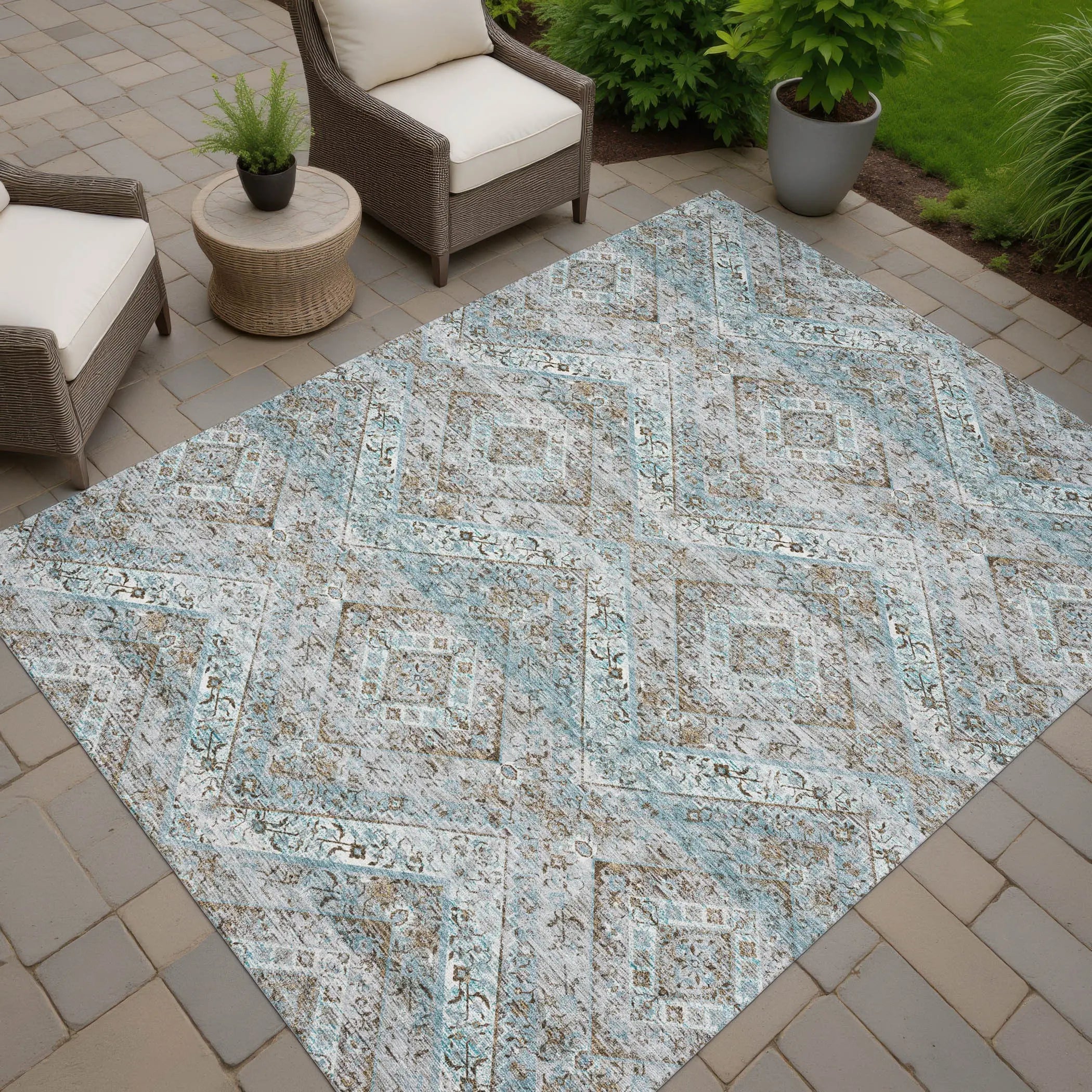 9' X 12' Teal Blue And Purple Tribal Washable Indoor Outdoor Area Rug Homeroots Outdoor