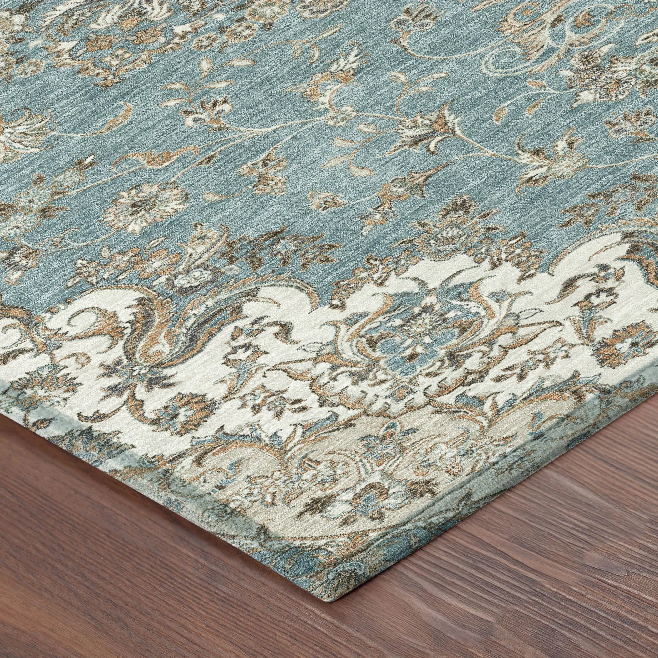 9' X 12' Teal Blue And Sage Floral Medallion Washable Indoor Outdoor Area Rug Homeroots Outdoor