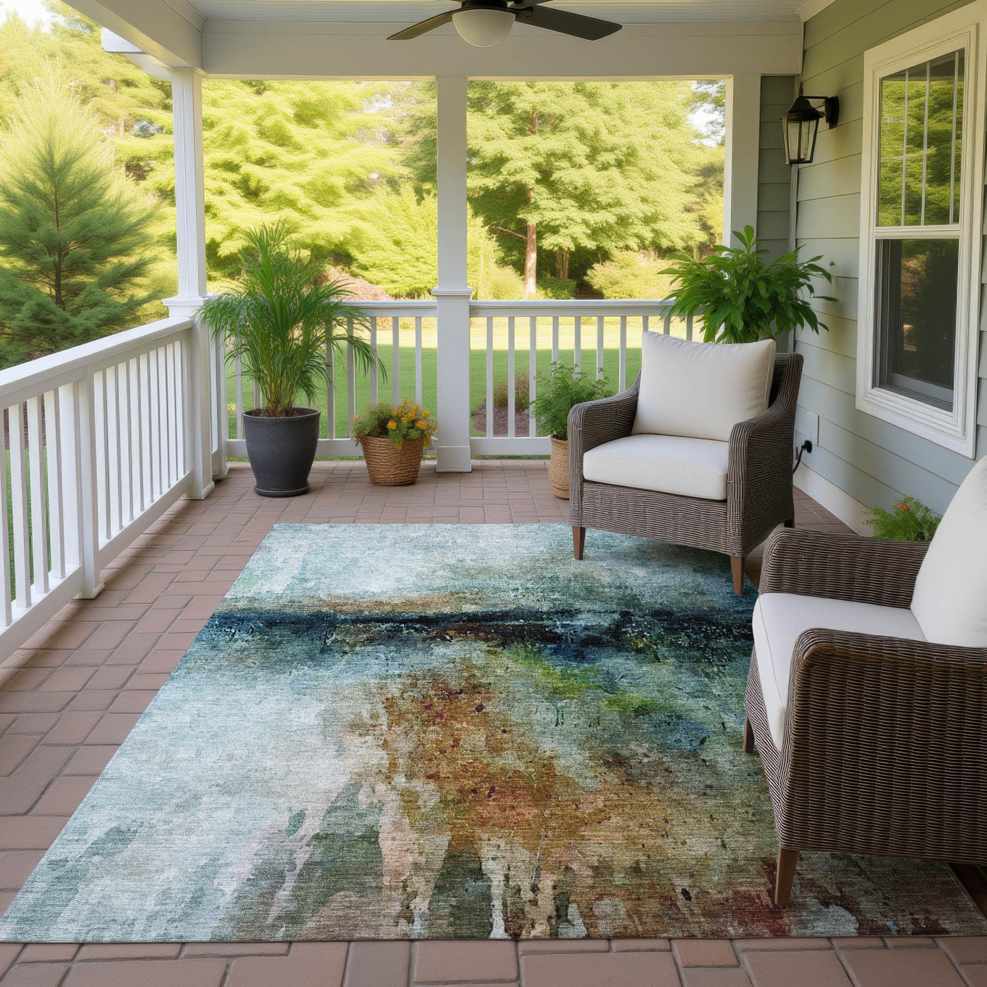 9' X 12' Teal Blue And Silver Abstract Washable Indoor Outdoor Area Rug Homeroots Outdoor