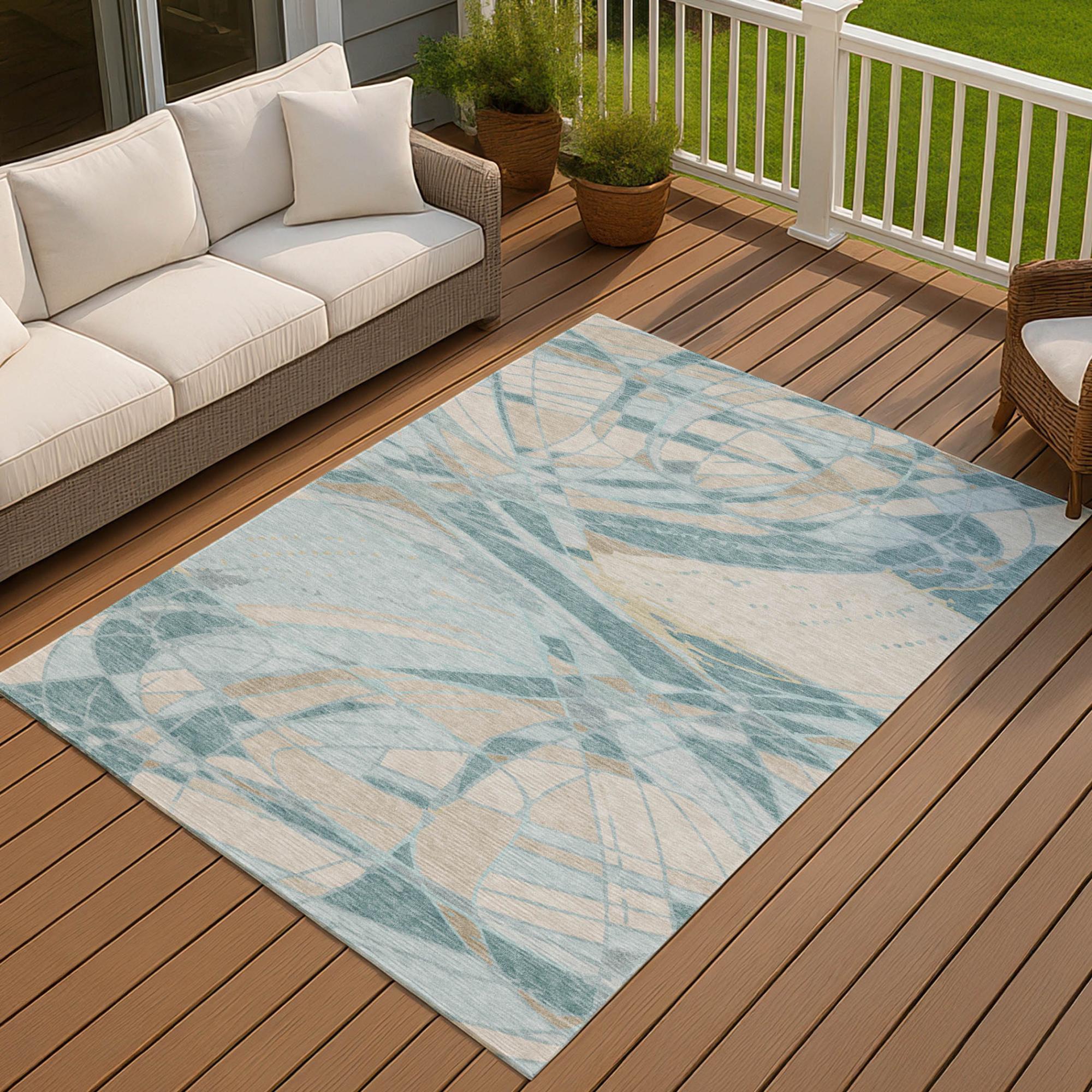 9' X 12' Teal Blue And Silver Abstract Washable Indoor Outdoor Area Rug Homeroots Outdoor