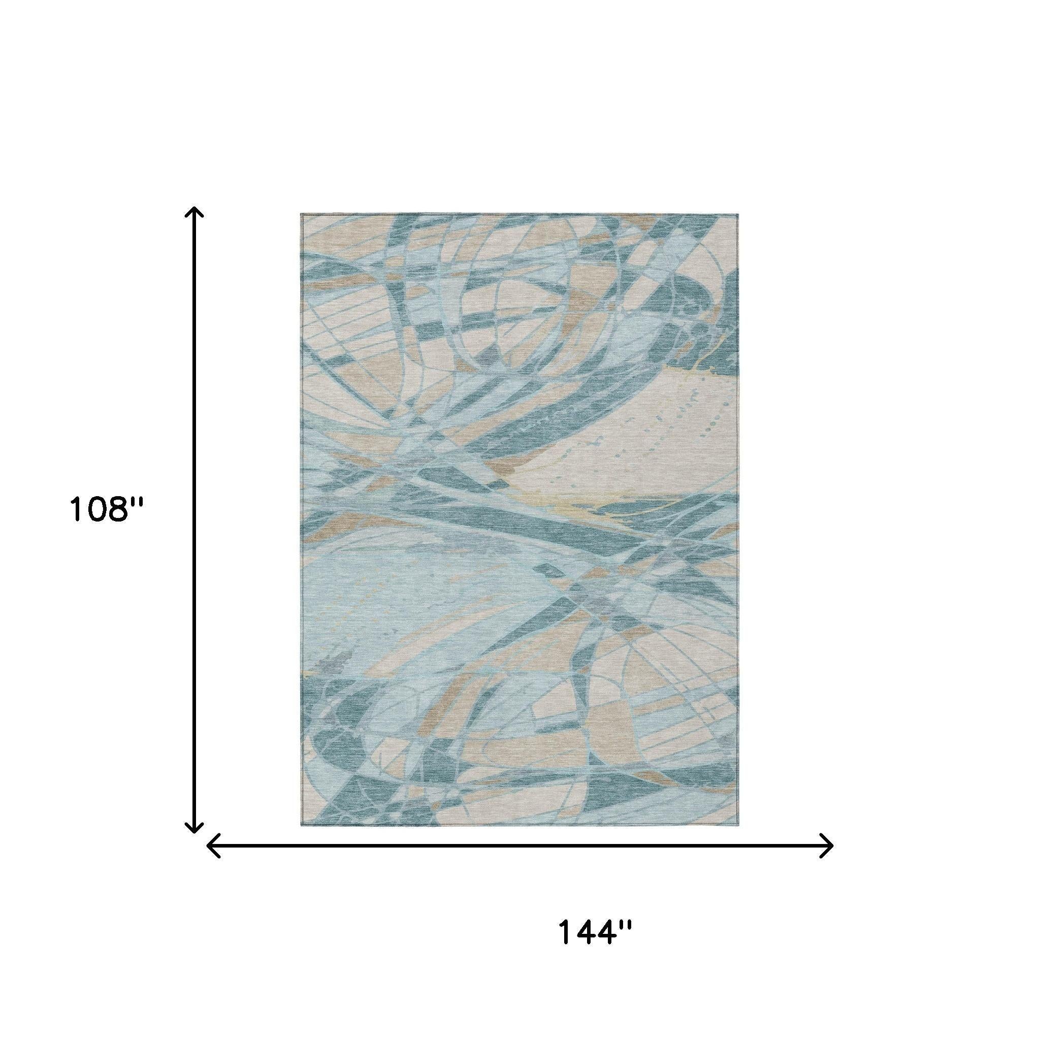 9' X 12' Teal Blue And Silver Abstract Washable Indoor Outdoor Area Rug Homeroots Outdoor