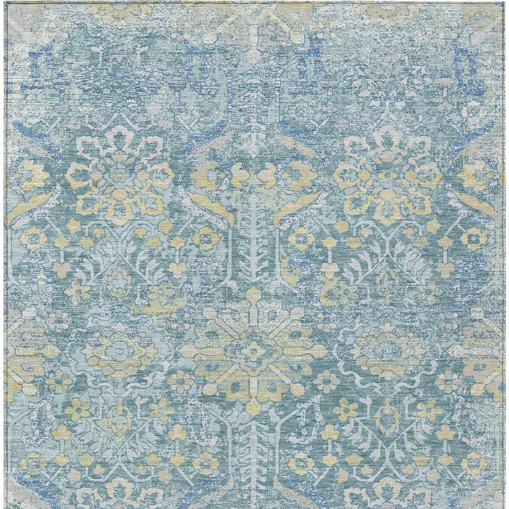 9' X 12' Teal Blue And Silver Damask Washable Indoor Outdoor Area Rug Homeroots Outdoor