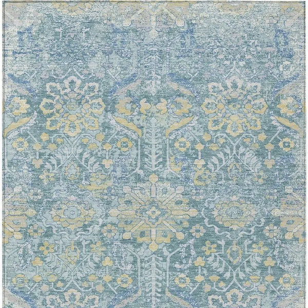 9' X 12' Teal Blue And Silver Damask Washable Indoor Outdoor Area Rug Homeroots Outdoor