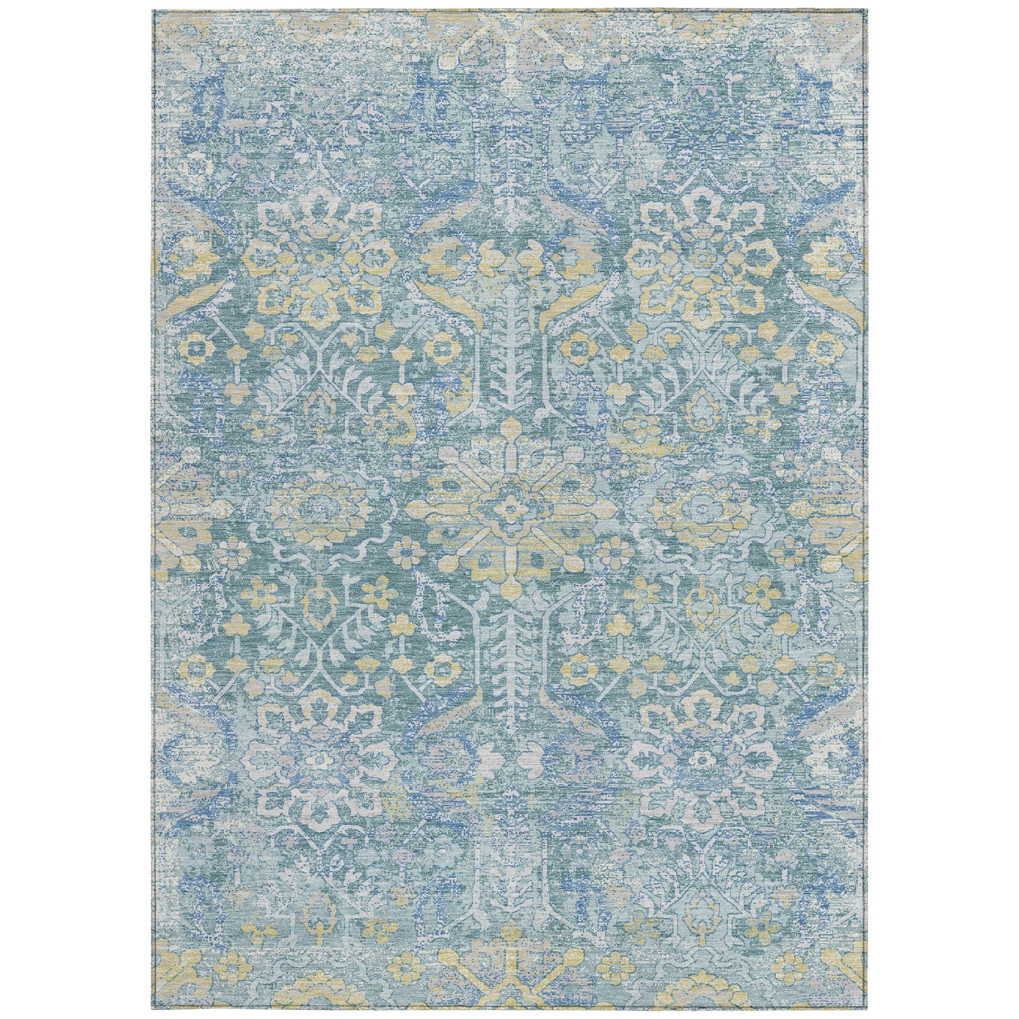 9' X 12' Teal Blue And Silver Damask Washable Indoor Outdoor Area Rug Homeroots Outdoor