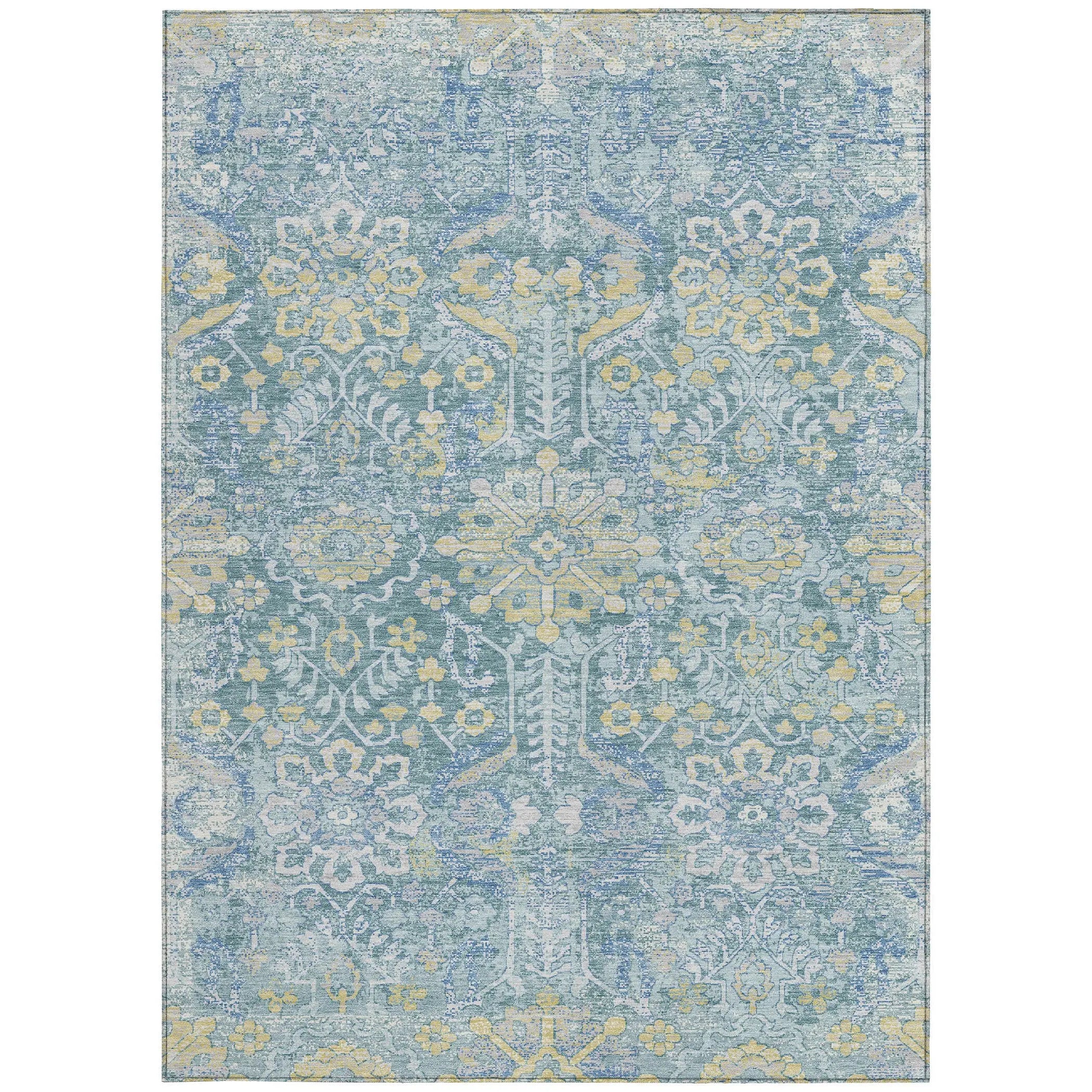 9' X 12' Teal Blue And Silver Damask Washable Indoor Outdoor Area Rug Homeroots Outdoor