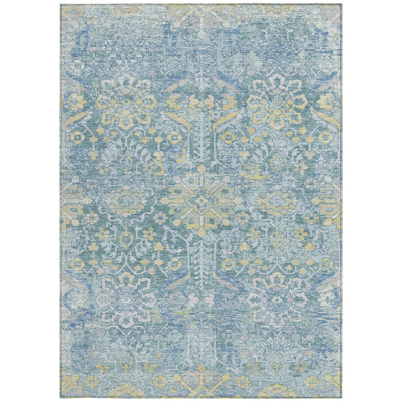 9' X 12' Teal Blue And Silver Damask Washable Indoor Outdoor Area Rug Homeroots Outdoor