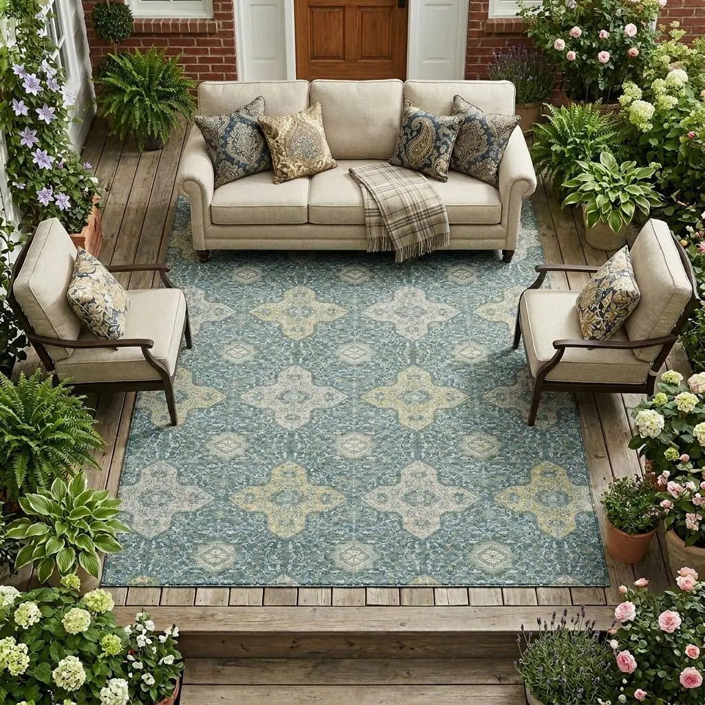 9' X 12' Teal Blue And Silver Damask Washable Indoor Outdoor Area Rug Homeroots Outdoor