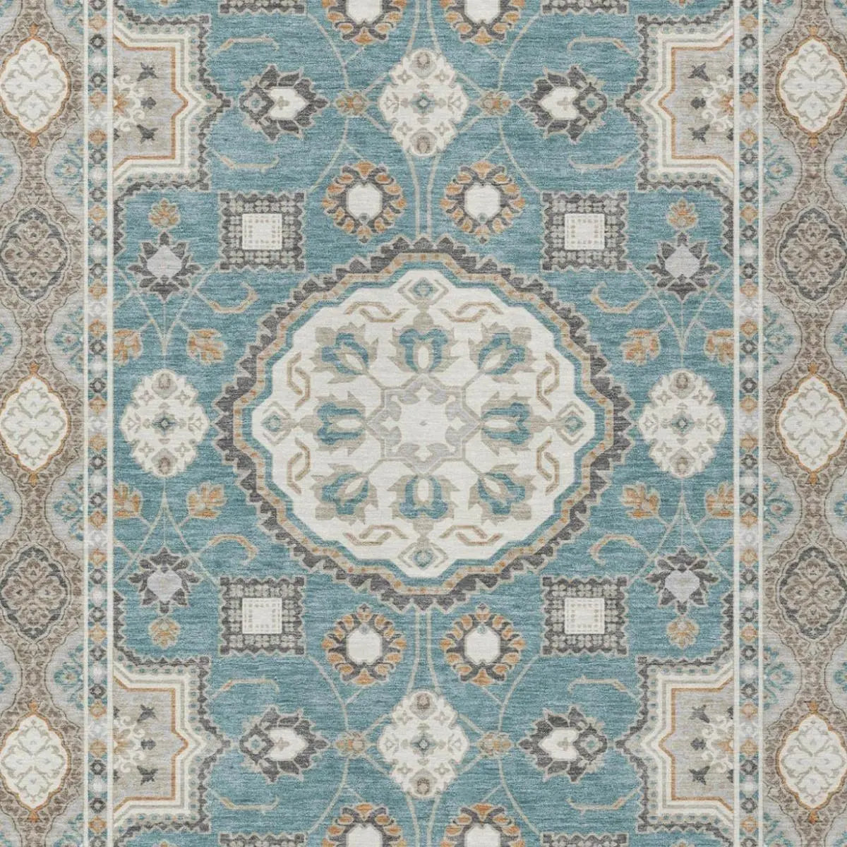 9' X 12' Teal Blue And Silver Floral Medallion Washable Indoor Outdoor Area Rug Homeroots Outdoor