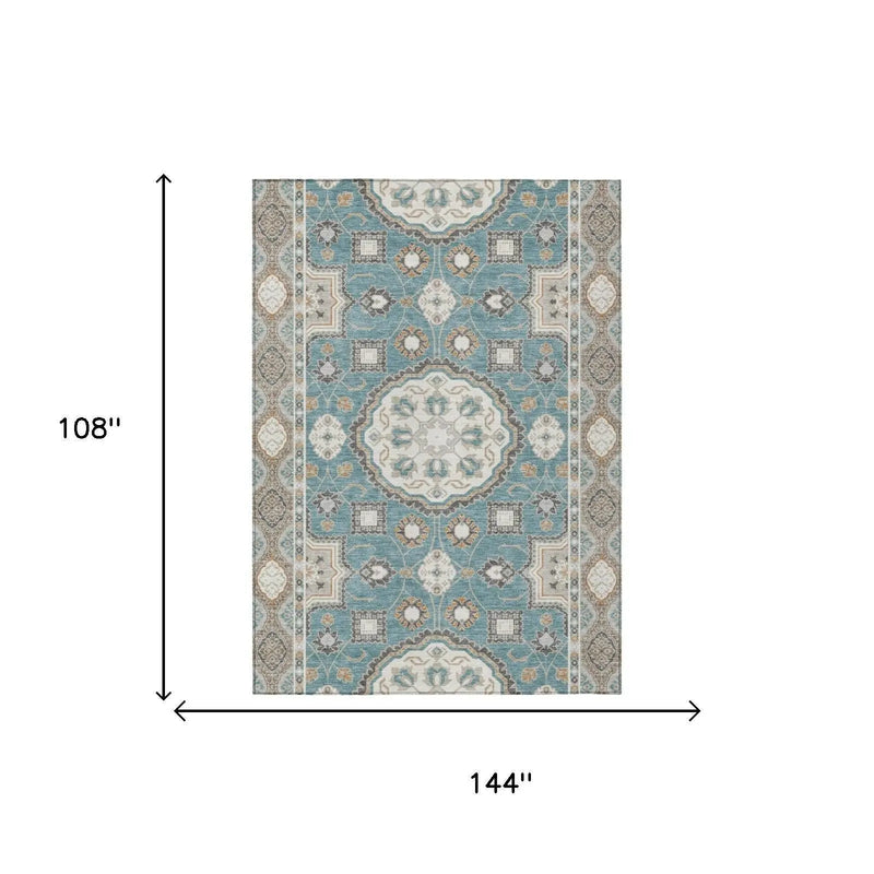 9' X 12' Teal Blue And Silver Floral Medallion Washable Indoor Outdoor Area Rug Homeroots Outdoor