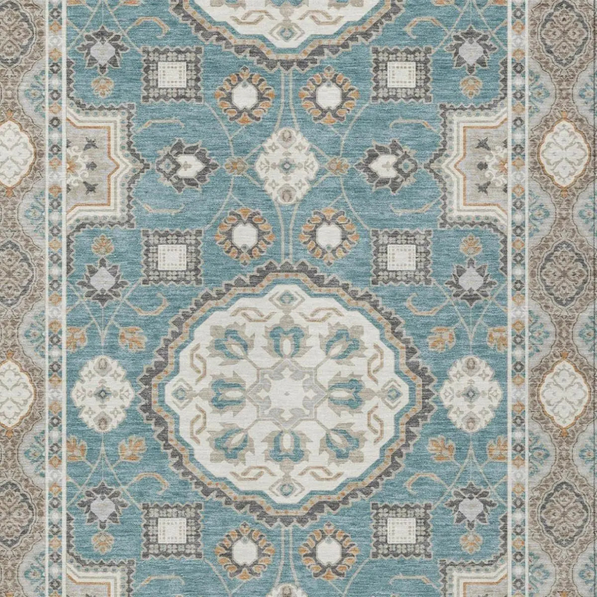 9' X 12' Teal Blue And Silver Floral Medallion Washable Indoor Outdoor Area Rug Homeroots Outdoor