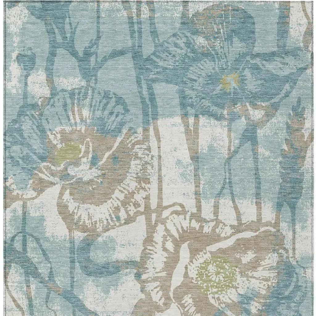 9' X 12' Teal Blue And Silver Floral Washable Indoor Outdoor Area Rug Homeroots Outdoor