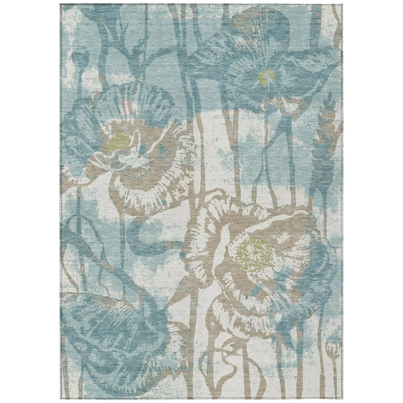 9' X 12' Teal Blue And Silver Floral Washable Indoor Outdoor Area Rug Homeroots Outdoor