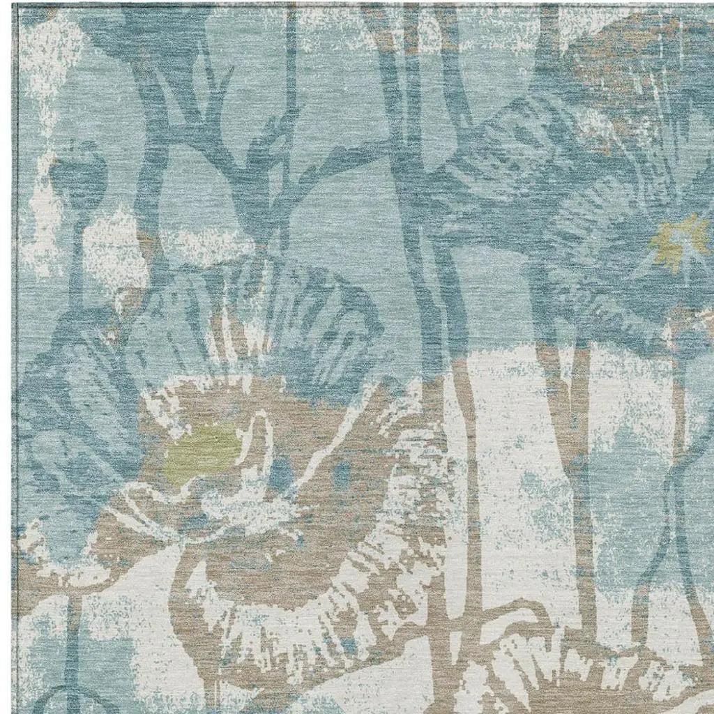 9' X 12' Teal Blue And Silver Floral Washable Indoor Outdoor Area Rug Homeroots Outdoor