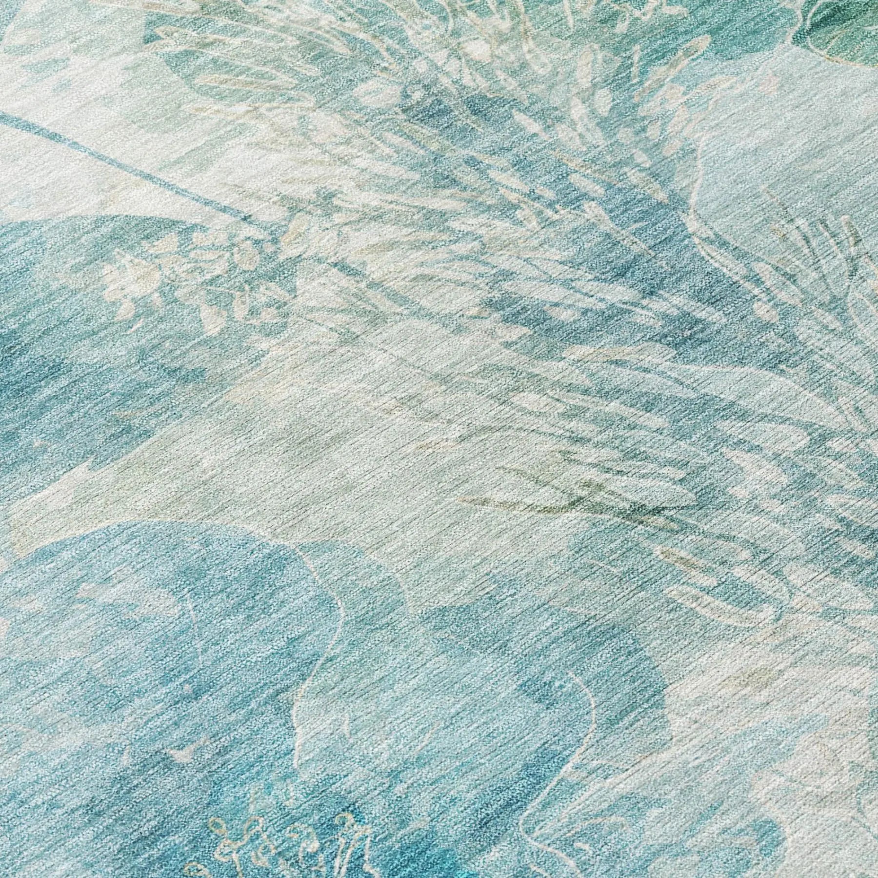 9' X 12' Teal Blue And Silver Floral Washable Indoor Outdoor Area Rug Homeroots Outdoor