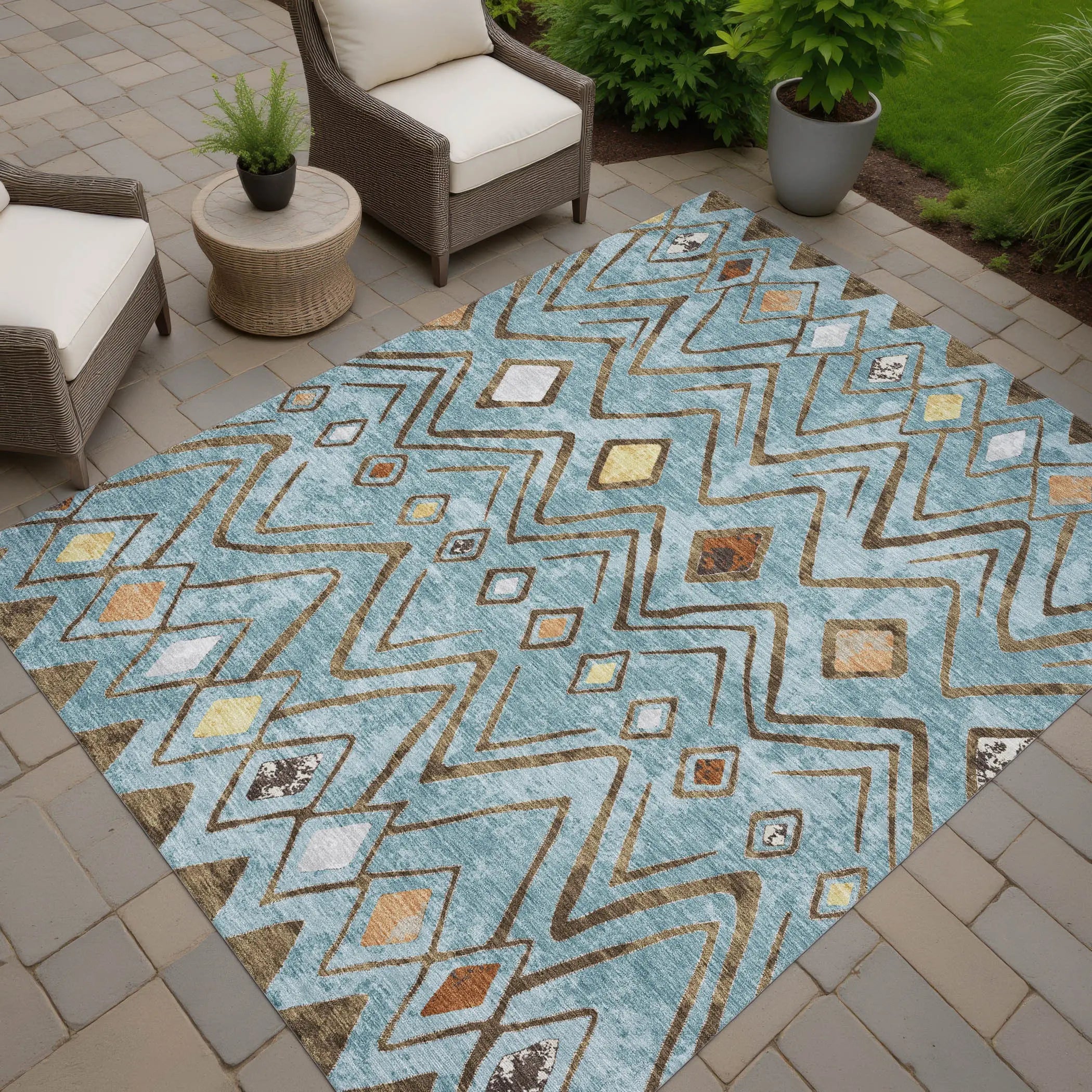 9' X 12' Teal Blue And Silver Geometric Washable Indoor Outdoor Area Rug Homeroots Outdoor
