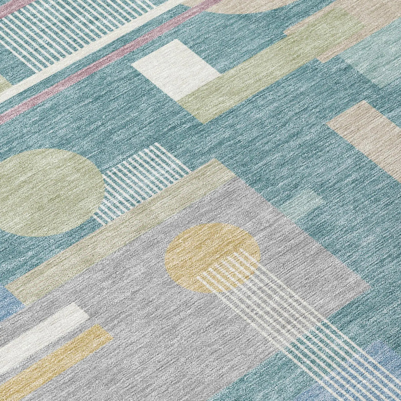 9' X 12' Teal Blue And Silver Geometric Washable Indoor Outdoor Area Rug Homeroots Outdoor