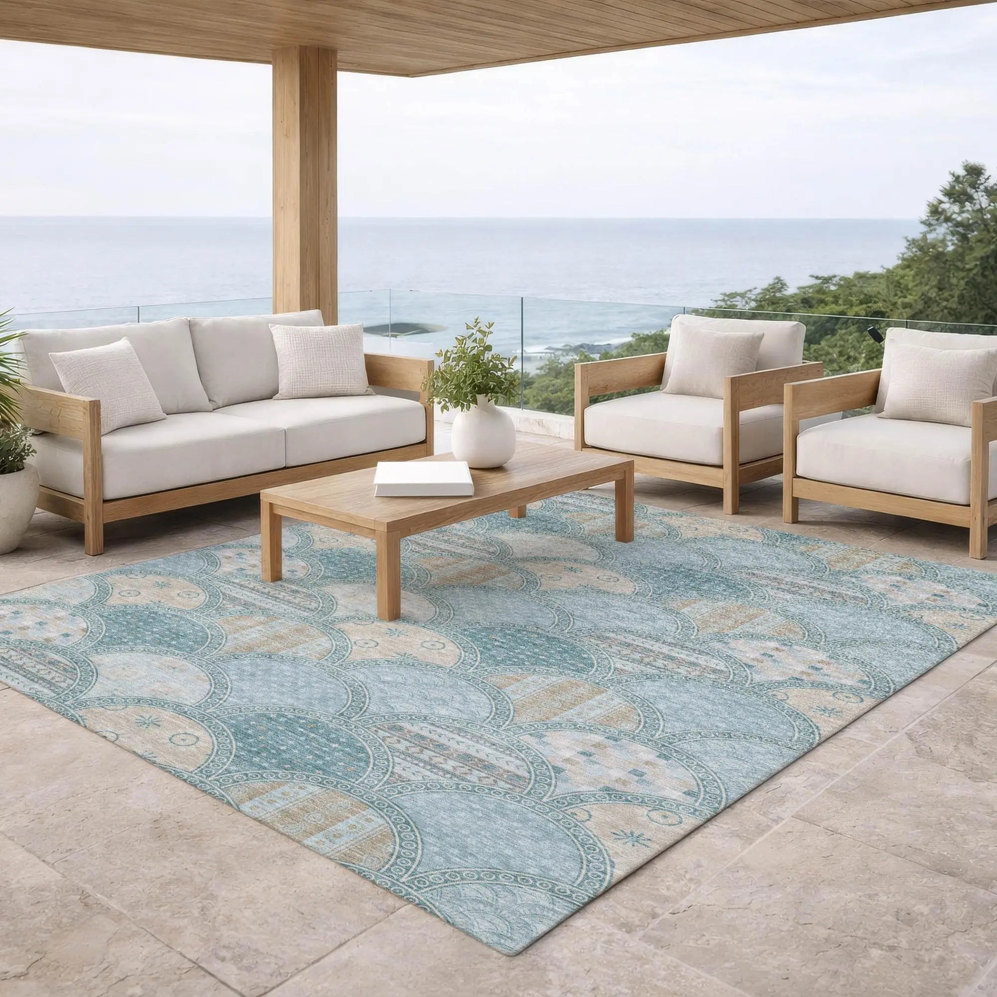 9' X 12' Teal Blue And Silver Geometric Washable Indoor Outdoor Area Rug Homeroots Outdoor