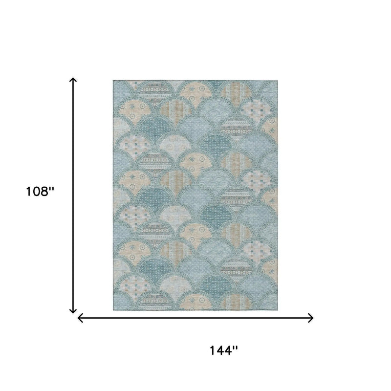 9' X 12' Teal Blue And Silver Geometric Washable Indoor Outdoor Area Rug Homeroots Outdoor