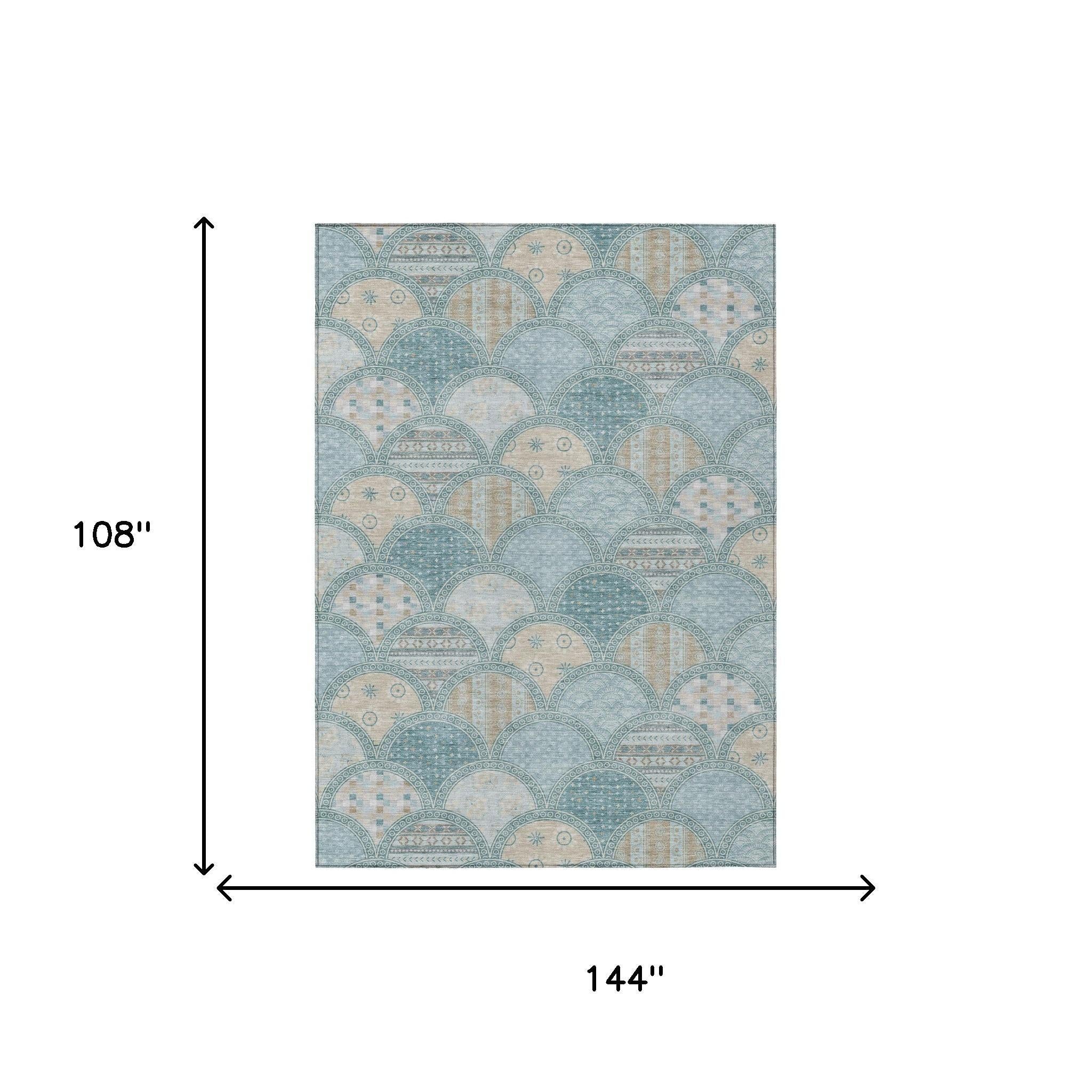 9' X 12' Teal Blue And Silver Geometric Washable Indoor Outdoor Area Rug Homeroots Outdoor