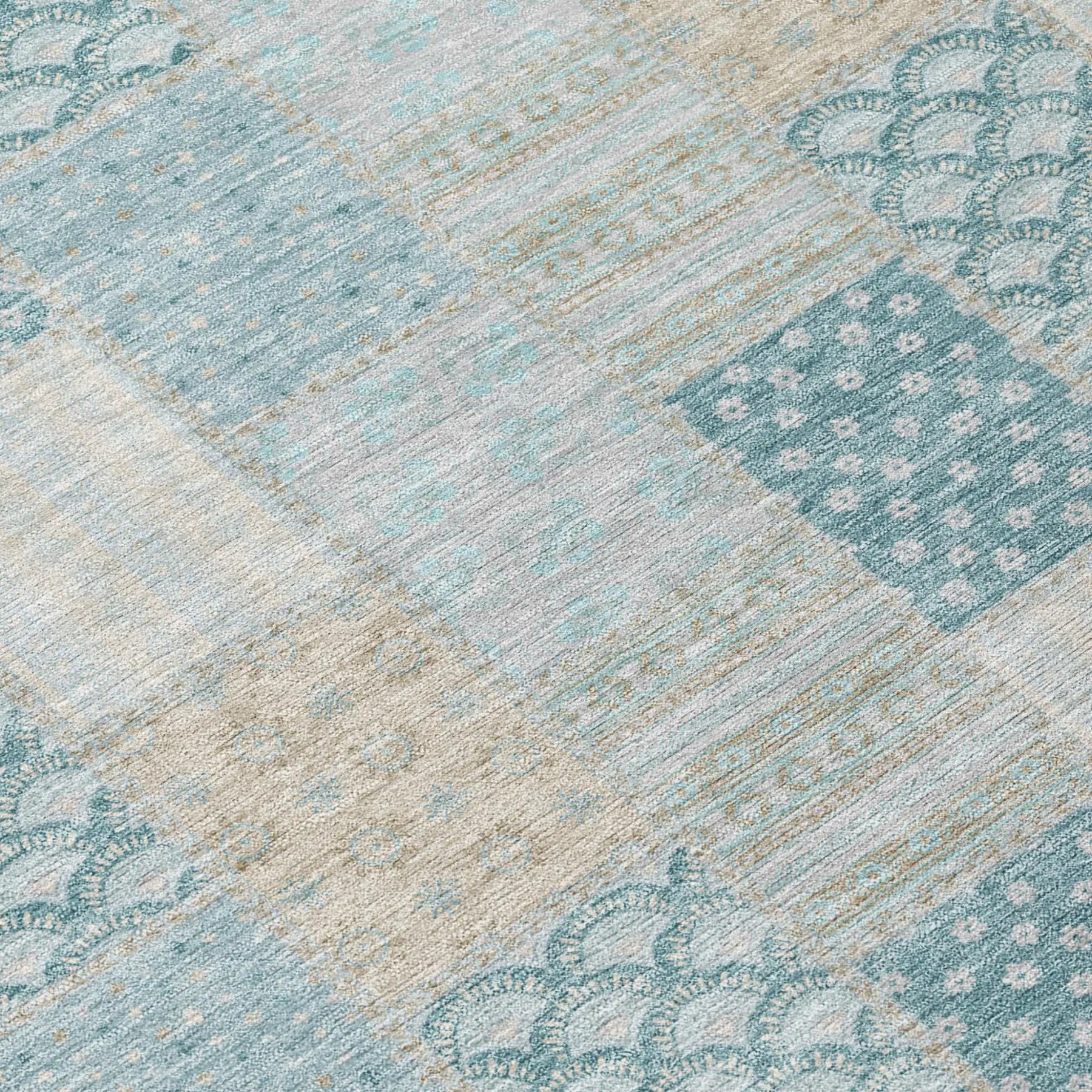 9' X 12' Teal Blue And Silver Patchwork Washable Indoor Outdoor Area Rug Homeroots Outdoor