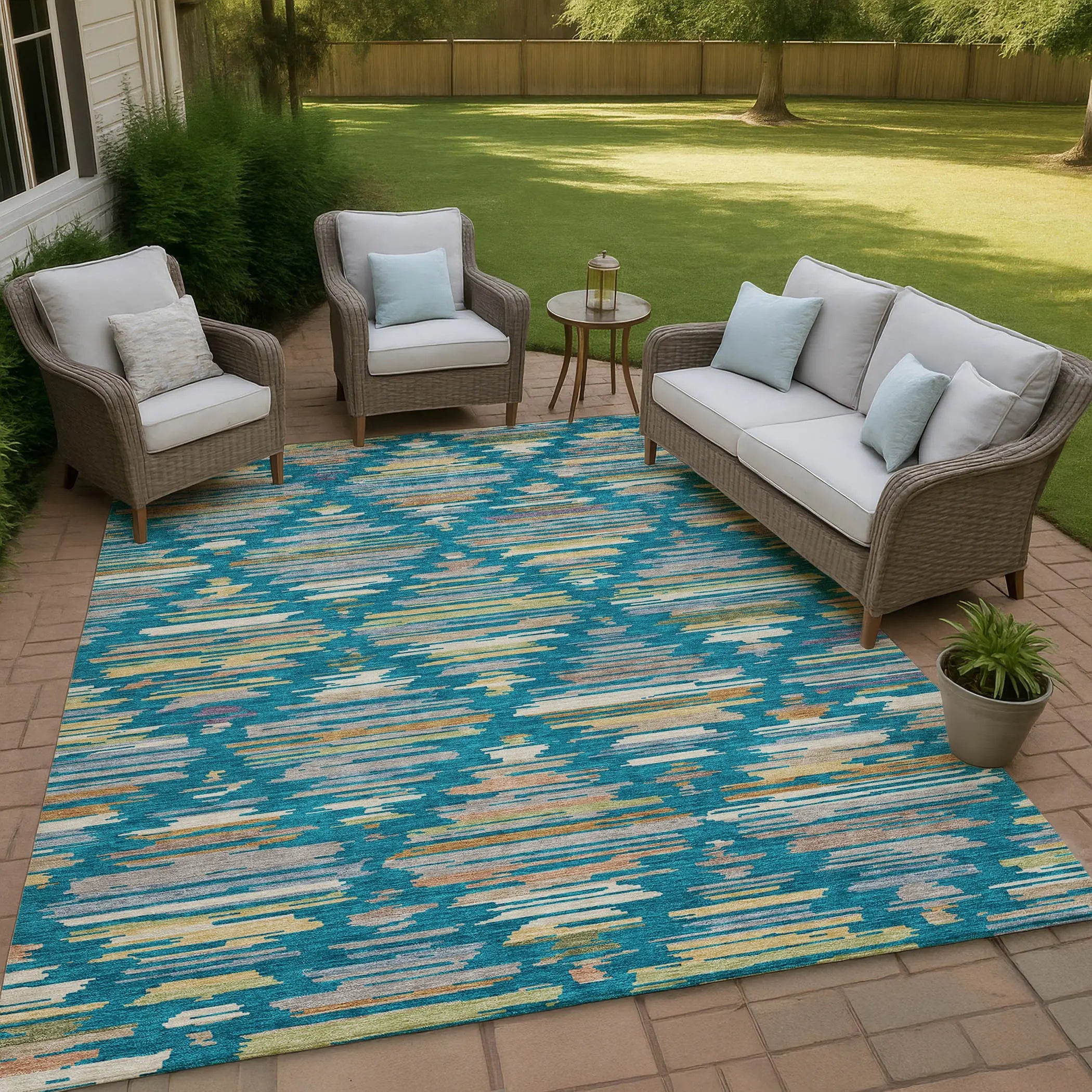 9' X 12' Teal Blue And Silver Southwestern Washable Indoor Outdoor Area Rug Homeroots Outdoor